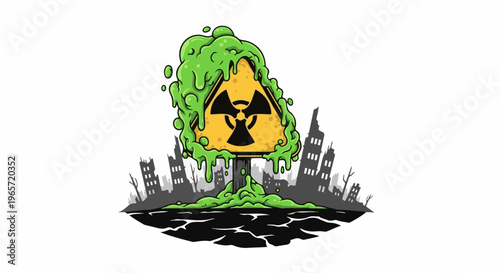 Radioactive warning sign drips toxic goo over a desolate city skyline