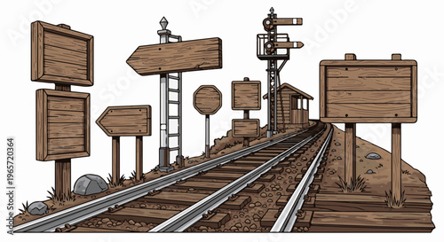Railroad tracks curve past wooden signs and a small signal station