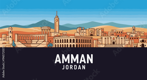 Pixelated cityscape illustration of ancient buildings under a vast blue sky