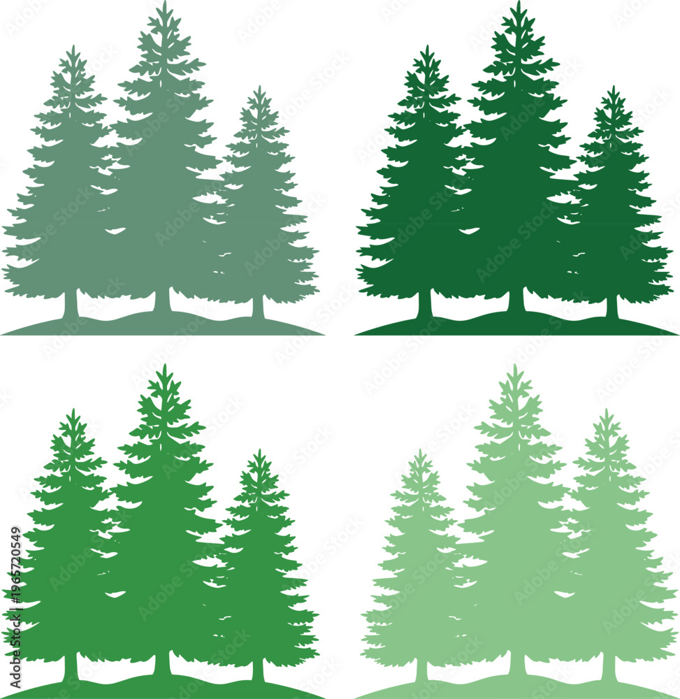 Fototapeta premium Evergreen pine tree vector collection, four distinct forest silhouette illustrations, green coniferous trees for nature and outdoor designs, versatile graphic resource for environmental themes