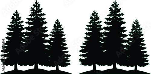 Pine tree forest silhouette vector set, evergreen conifer trees, black woodland nature illustration, outdoor camping and adventure graphic resource