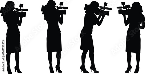 Female videographer silhouettes filming with professional video cameras in different standing poses isolated on white background media production vector illustration