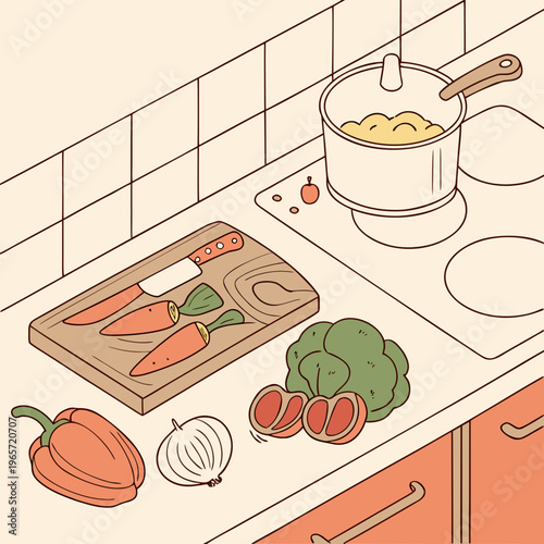 Kitchen counter, cooking scene, vegetable preparation, culinary illustration