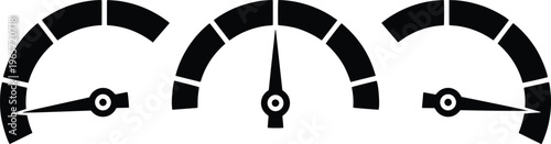 Three black and white speedometer icons, a set of vector gauges for performance and measurement. Minimalist dashboard indicators for data visualization, speed, and progress tracking.