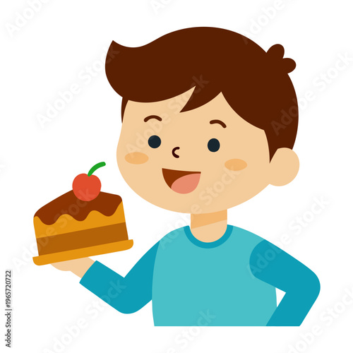 Cartoon boy holding chocolate cake, smiling kid with dessert, brown hair, blue shirt, happy child