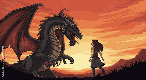 Pixelated woman confronts fearsome dragon at sunset on mountainside