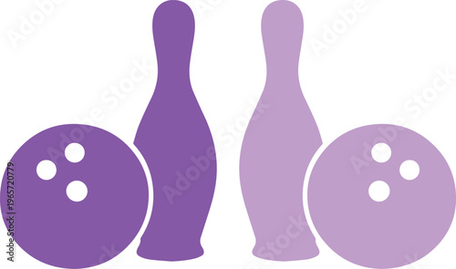 Purple bowling pins and balls vector illustration, a classic bowling game icon set, perfect for sports activity graphics and leisure entertainment designs