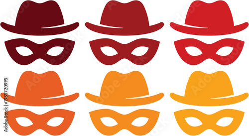 Detective spy hat and mask vector set, mysterious secret agent disguise collection, anonymous identity elements for crime and mystery themes, six vibrant red and orange graphic resources