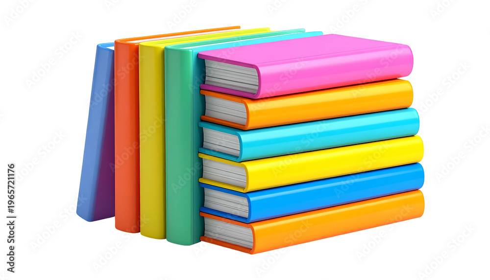 Naklejka premium A vibrant stack of colorful books, leaning and upright, on a black background