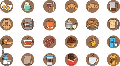 Breakfast and Coffee Icons Set with Eggs, Croissants, Pancakes, Coffee Cups, and More