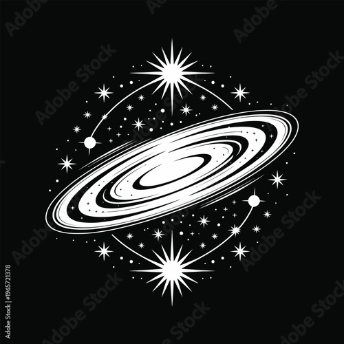 Elegant depiction of a celestial ringed planet amidst a starry cosmic scene isolated on white background, Vector, illustration