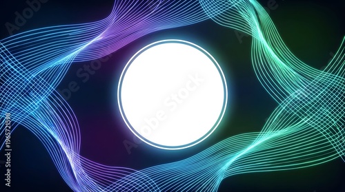 Abstract luminous waves in blue purple and green swirl around a central white circle on a dark background