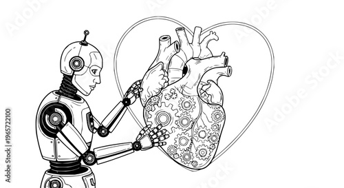 Robot repairing heart with gears, on white background repair mechanical medical