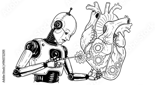 Robot fixing heart with gears, black and white illustration mechanical repair