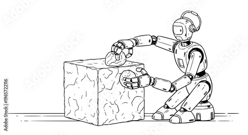 Robot placing stone on block mechanical humanoid construction building putting