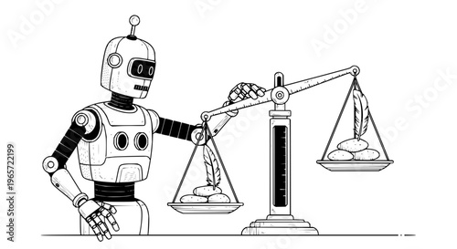 Robot holding scales with coins on white background balance justice law technology