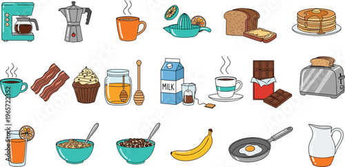 Collection of Breakfast Icons Including Coffee, Pancakes, Bacon, Milk, Cereal, and More