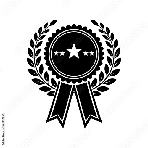 Black and white award ribbon icon with laurel wreath and star rating symbolizing achievement and excellence in a simple yet elegant design for recognition and accolades