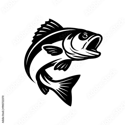 A black and white illustration of a fish jumping out of the water with its mouth open, ready to bite a bait