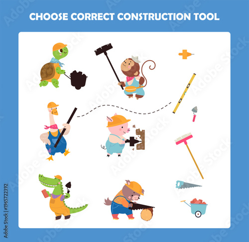 Find correct construction tool. Children play with cartoon animal builders. Turtle, goose, pig, monkey and crocodile. Development kids game, vector template