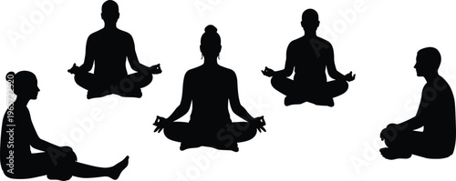 Silhouettes of men and women meditating in sitting yoga positions representing mindfulness, relaxation, wellness, and calm vector lifestyle illustration.