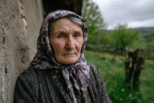 Elderly woman with traditional headscarf looking directly at camera, serious expression, rural setting