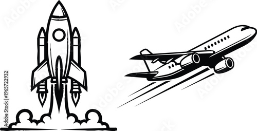 Rocket and Airplane Icons for Space Travel and Aviation, Transportation, and Technology Designs
