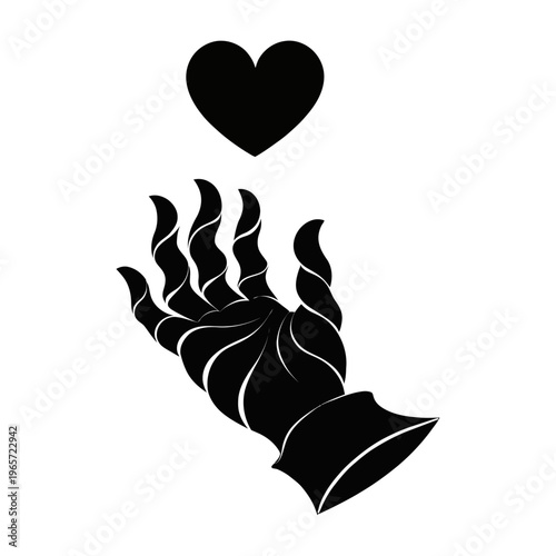 Vector of a heart being held up by a stylized hand with flames.