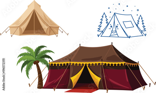 Camping Tent and Outdoor Shelter Illustration Set Featuring Simple Tent, Circus Tent, and Winter Camp Tent Vector Collection