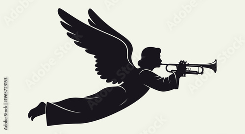 Angel, winged silhouette, trumpet player, black icon, religious symbol