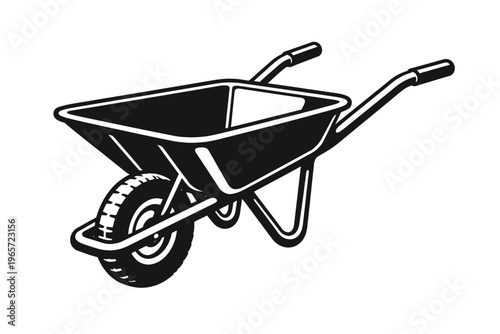 Black and white illustration of a wheelbarrow with one wheel and two handles on a plain background for construction or gardening use