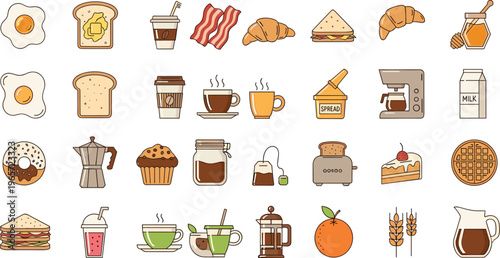 Collection of Breakfast and Coffee Icons Featuring Toast, Eggs, Coffee, Muffins, and More
