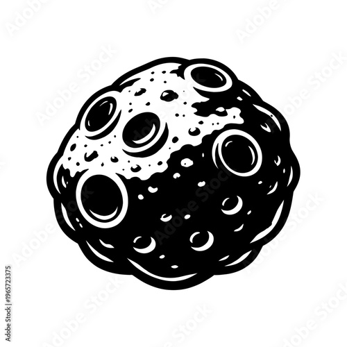 A black and white illustration of a cratered moon with craters and bumpy surface in a cartoon style on a white background