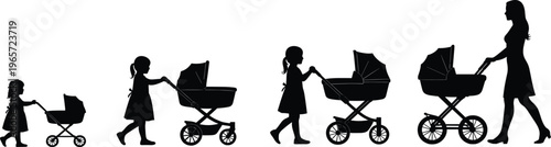 Silhouettes of mother and girls pushing baby strollers, growing up stages, family care, parenting, childhood development, vector illustration