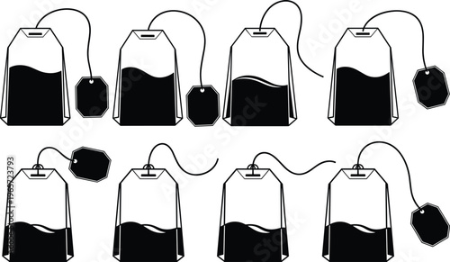Black silhouette vector illustration of tea bags with strings and tags, beverage artwork design, drink icon concept, herbal tea symbol