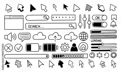 Doodle user interface. Black arrow pointers, upload, loading spinners, searching bar. Battery charge icon, voice assistant, equalizer and password input panel, neoteric vector set
