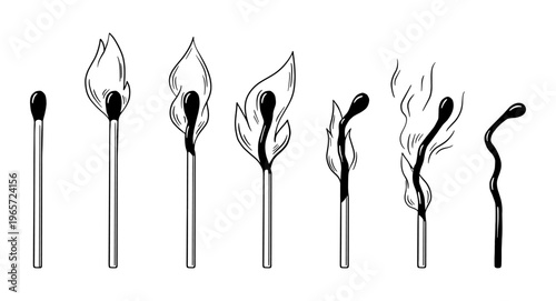 Burning match. Doodle matches with fire flame, burn in sequence step by step. Charred wooden stick for lighting fire, gas burner, grill, neoteric vector set