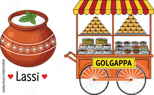 Indian Street Food Illustration Set Featuring Lassi Drink and Golgappa Pani Puri Cart Vector Collection