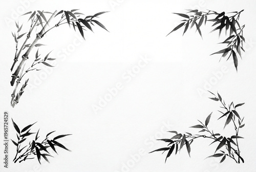 竹の墨絵風和風フレーム 四隅に配置されたモノクロ水墨画 白背景の上品なデザイン素材