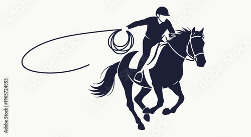 Rodeo cowboy riding horse, lassoing with rope, black silhouette vector, equestrian sports icon