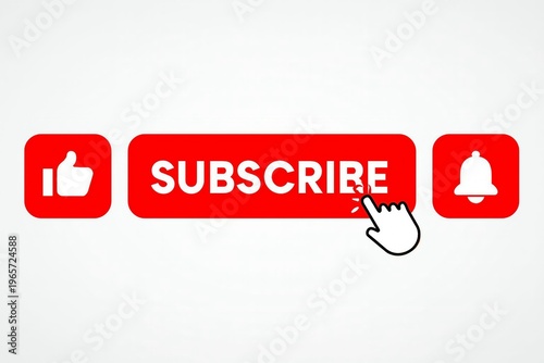 A hand clicking the subscribe button on a digital interface with social media icons.