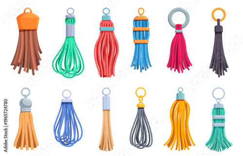 Leather tassels set. Fringe keyring, macrame element for bag, keys, purse. Colorful threads tassel, handmade charms. Fashion accessories sapid vector clipart