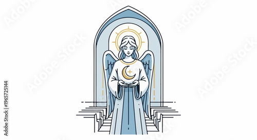 Serene angelic figure within an arched sanctuary holds celestial emblem