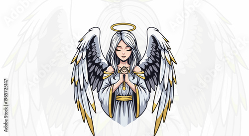 Serene angel with white hair and golden halo, praying with folded hands