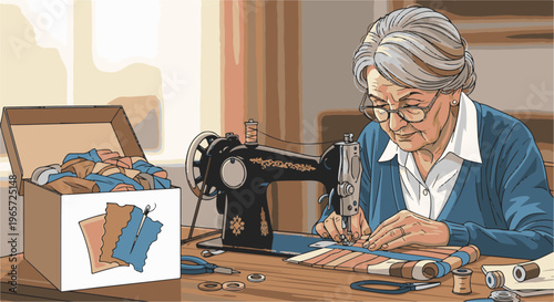 Senior woman with glasses sewing on a vintage machine, fabric box nearby