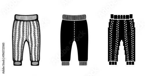 Monochrome baby pants designs: knit, solid, geometric patterns