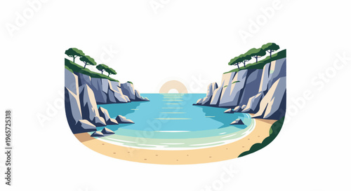 Serene coastal cove with sandy beach, calm azure waters, and rocky cliffs