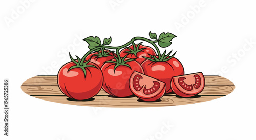 Ripe red tomatoes with green leaves on a wooden surface, some sliced