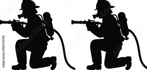 Firefighter silhouette with hose and breathing apparatus, emergency rescue worker vector illustration for fire safety, protection and first response concept