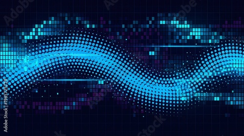 Abstract digital wave of luminous blue dots flowing across a futuristic grid